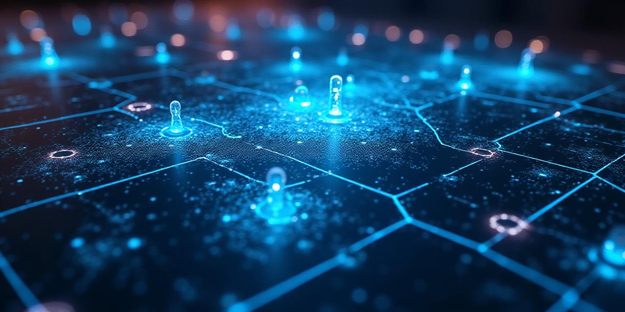 Futuristic strategic battle map overlay with neural network node connections
